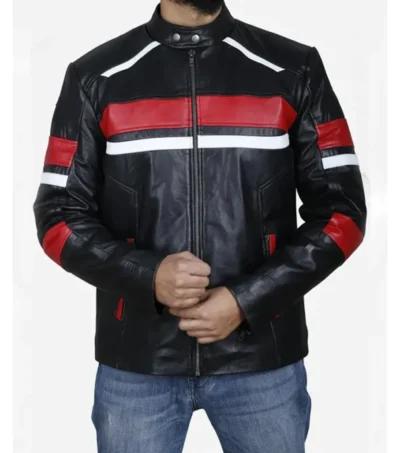 Men's Biker Leather Jacket With Red and White Stripes