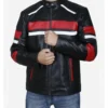 Men's Biker Leather Jacket With Red and White Stripes Sale