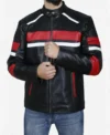 Men's Biker Leather Jacket With Red and White Stripes Sale