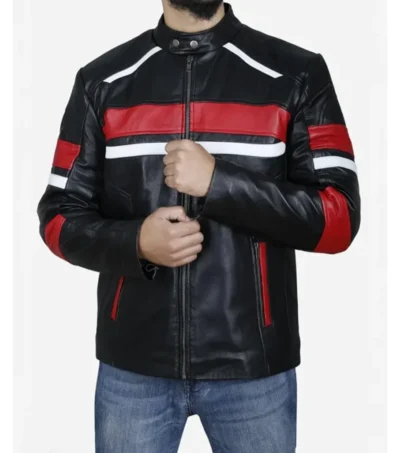 Men's Biker Leather Jacket With Red and White Stripes Sale