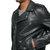 Men's Biker Style Black Leather Jacket Closer