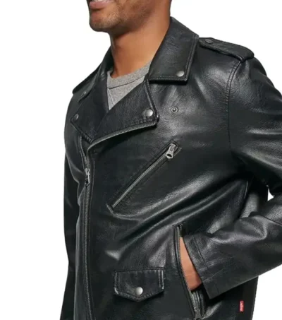 Men's Biker Style Black Leather Jacket Closer