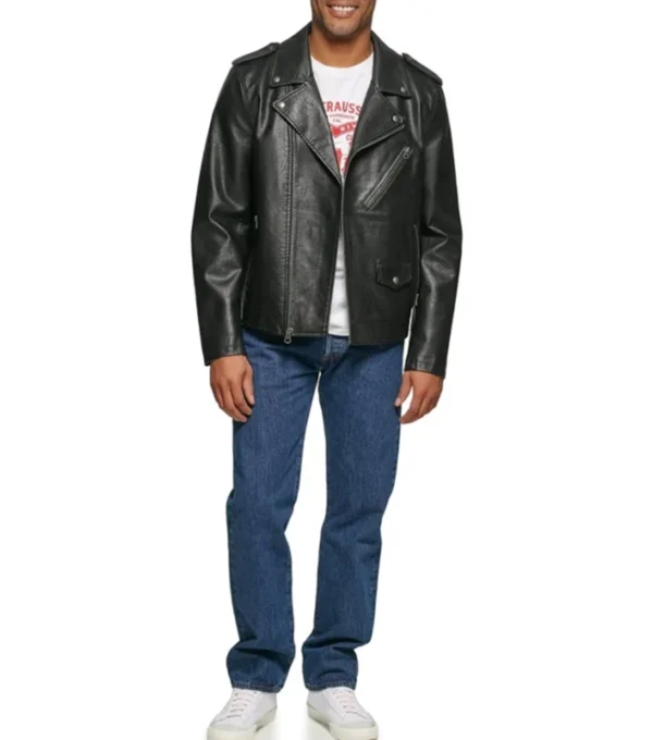 Men's Biker Style Black Leather Jacket Front
