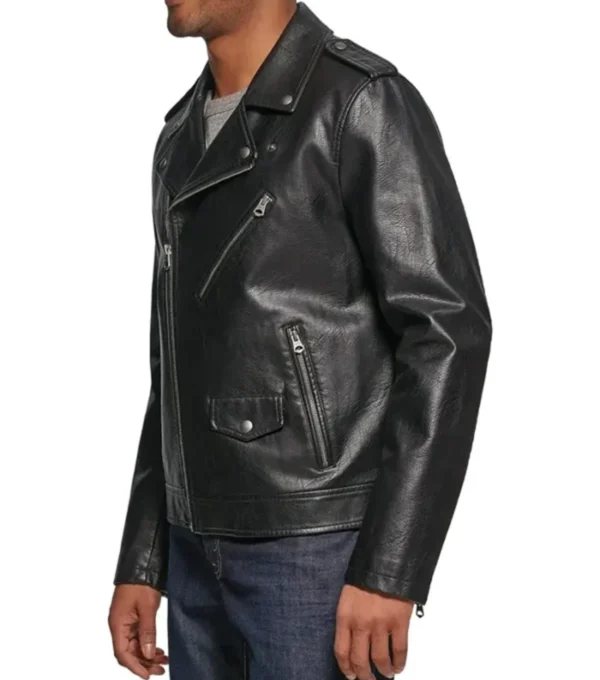 Men's Biker Style Black Leather Jacket Side Look