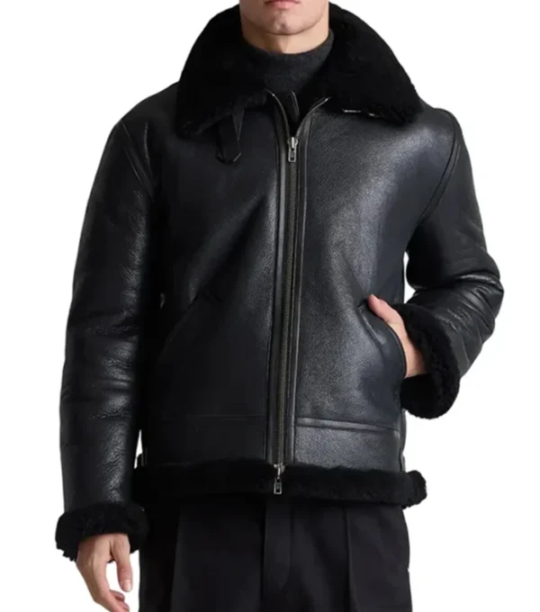 Men's Black Belted Shearling Aviator Jacket