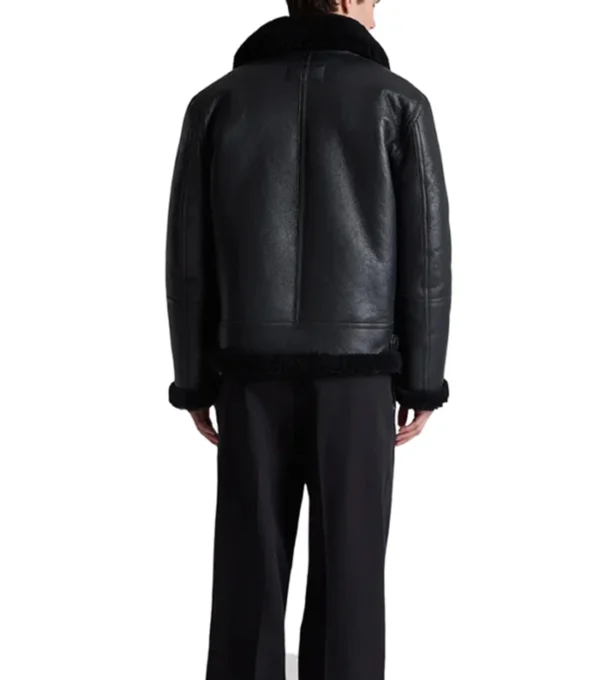 Men's Black Belted Shearling Aviator Jacket Back