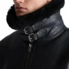 Men's Black Belted Shearling Aviator Jacket Collar