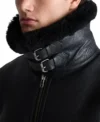 Men's Black Belted Shearling Aviator Jacket Collar