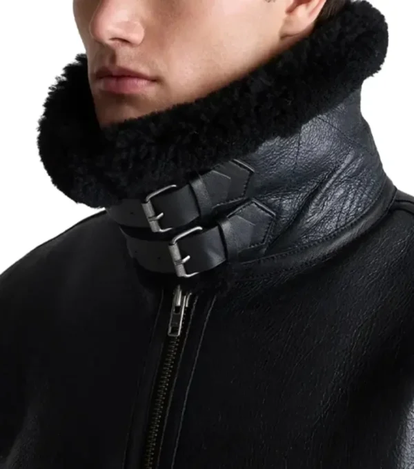 Men's Black Belted Shearling Aviator Jacket Collar