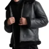 Men's Black Belted Shearling Aviator Jacket Front