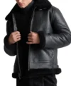 Men's Black Belted Shearling Aviator Jacket Front