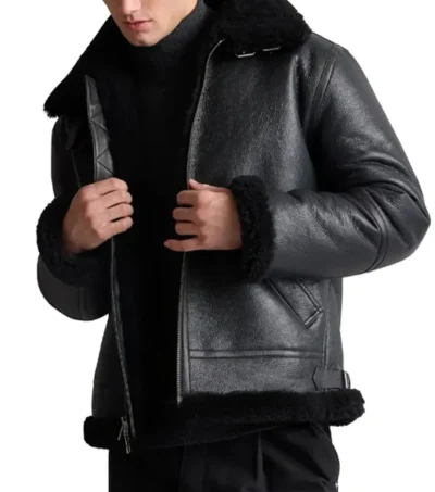 Men's Black Belted Shearling Aviator Jacket Front