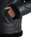 Men's Black Belted Shearling Aviator Jacket Pocket