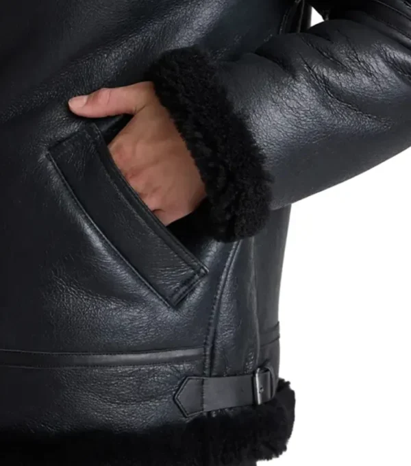 Men's Black Belted Shearling Aviator Jacket Pocket