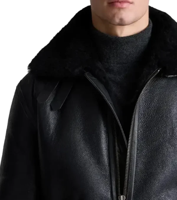 Men's Black Belted Shearling Aviator Jacket on Sale