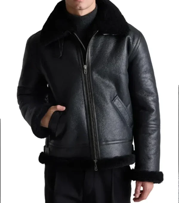 Men's Black Belted Shearling Aviator Jackets