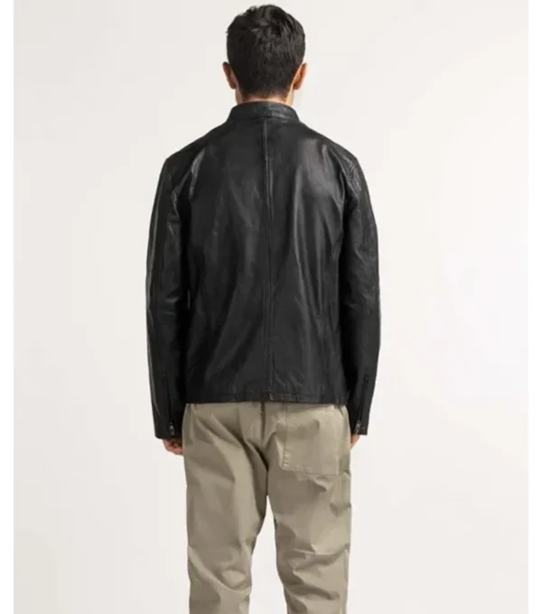 Men's Black Cafe Racer Leather Zipper Jacket Back