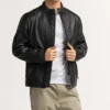 Men's Black Cafe Racer Leather Zipper Jacket Front