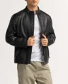 Men's Black Cafe Racer Leather Zipper Jacket Front