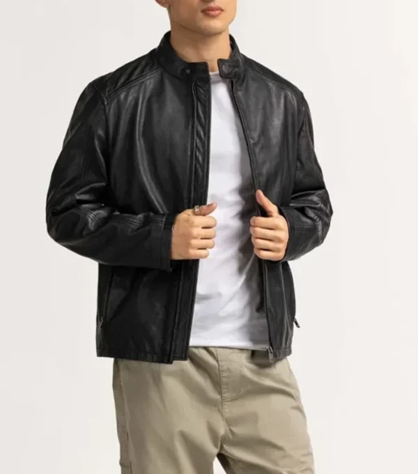 Men's Black Cafe Racer Leather Zipper Jacket Front