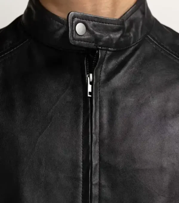 Men's Black Cafe Racer Leather Zipper Jacket on Sale