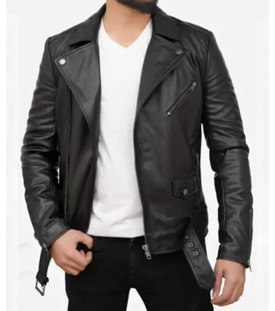 Men's Black Leather Asymmetrical Biker Jacket
