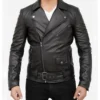 Men's Black Leather Asymmetrical Biker Jacket Front