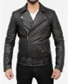 Men's Black Leather Asymmetrical Biker Jacket Front