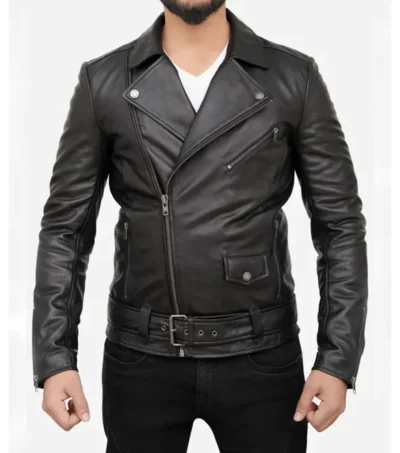 Men's Black Leather Asymmetrical Biker Jacket Front