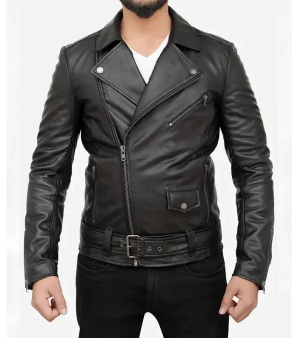Men's Black Leather Asymmetrical Biker Jacket Front