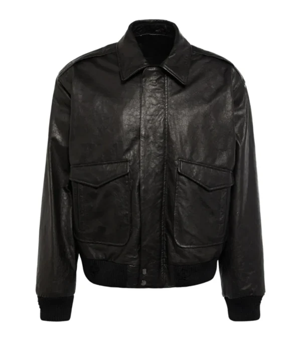Men's Black Leather Bomber Jacket