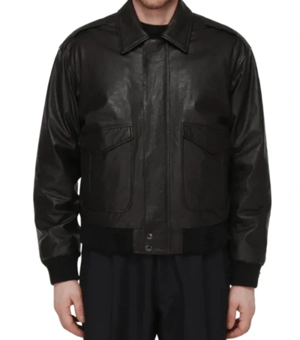 Men's Black Leather Bomber Jacket Front