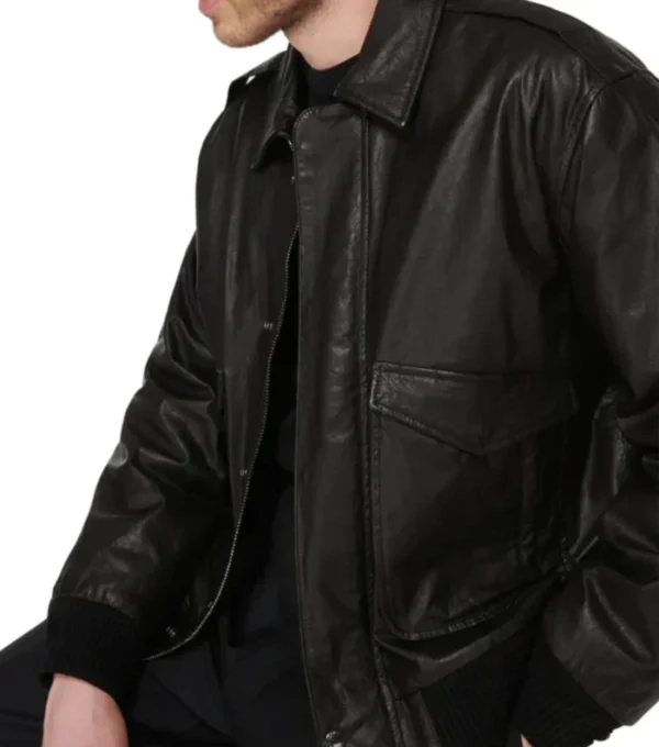 Men's Black Leather Bomber Jacket on Sale