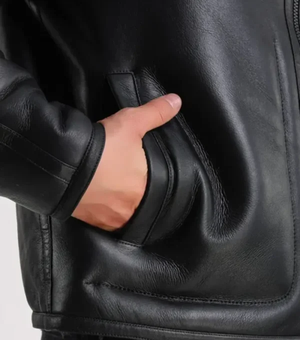 Men's Black Leather Jacket with Shearling Lining Pocket