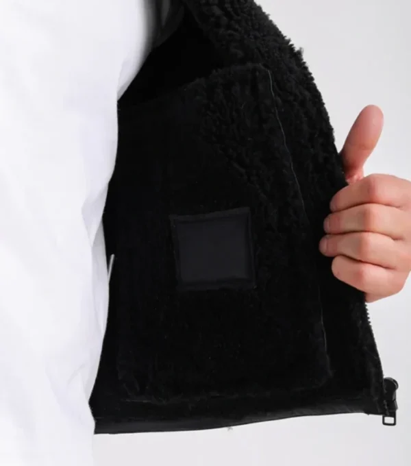 Men's Black Leather Jacket with Shearling Lining Pockets