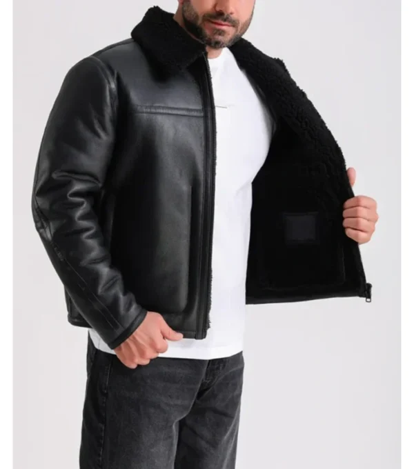 Men's Black Leather Jacket with Shearling Lining on Sale
