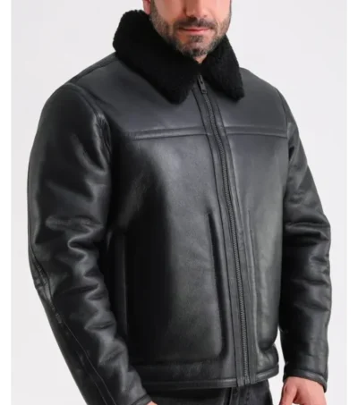 Men's Black Leather Jacket with Shearlings Lining