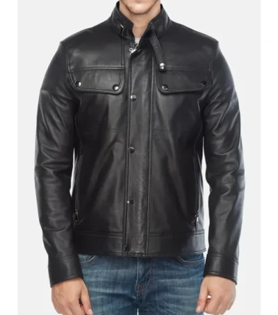 Men's Black Leather Jacket with Snap Tab Collar