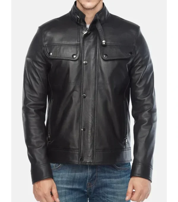 Men's Black Leather Jacket with Snap Tab Collar