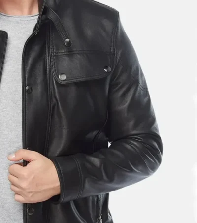 Men's Black Leather Jacket with Snap Tab Collar Front