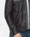 Men's Black Leather Jacket with Snap Tab Collar Side Look