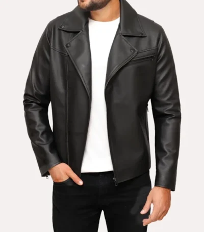 Men's Black Leather Moto Jacket For Sale