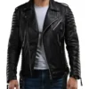Men's Black Quilted Sleeve Leather Zipper Jacket