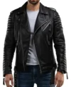Men's Black Quilted Sleeve Leather Zipper Jacket