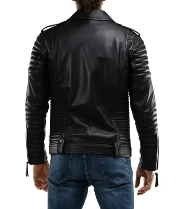 Men's Black Quilted Sleeve Leather Zipper Jacket Back