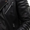 Men's Black Quilted Sleeve Leather Zipper Jacket Closer