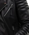 Men's Black Quilted Sleeve Leather Zipper Jacket Closer