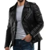 Men's Black Quilted Sleeve Leather Zipper Jacket Side Look