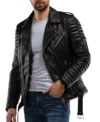 Men's Black Quilted Sleeve Leather Zipper Jacket Side Look