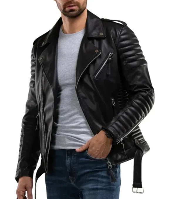 Men's Black Quilted Sleeve Leather Zipper Jacket Side Look
